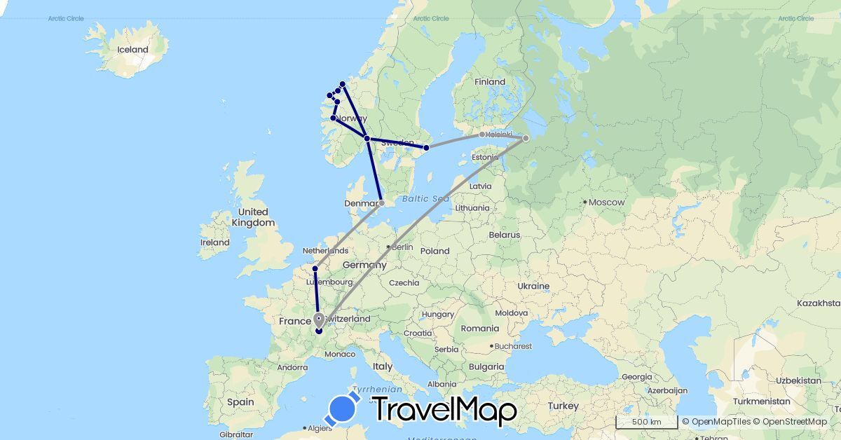 TravelMap itinerary: driving, plane in Belgium, Denmark, Finland, France, Norway, Russia, Sweden (Europe)